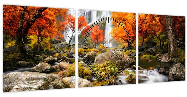 Obraz - Vodopády v podzimní krajině, oranžový (s hodinami) (90x30 cm)