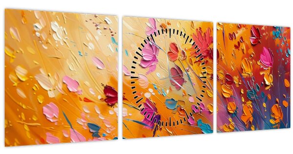 Obraz - Malba barevných květin (s hodinami) (90x30 cm)