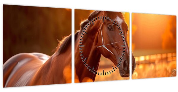 Obraz - Kůň v západu slunce (s hodinami) (90x30 cm)