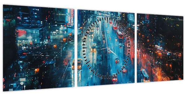 Obraz - Velkoměsto, olejomalba (s hodinami) (90x30 cm)