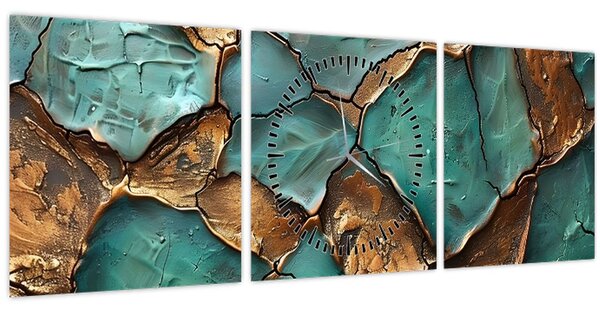 Obraz - Zeleno-zlatá malba (s hodinami) (90x30 cm)