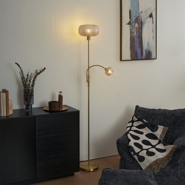 Designová stojací lampa mosazná s jantarovým sklem 2-světla - Brianna