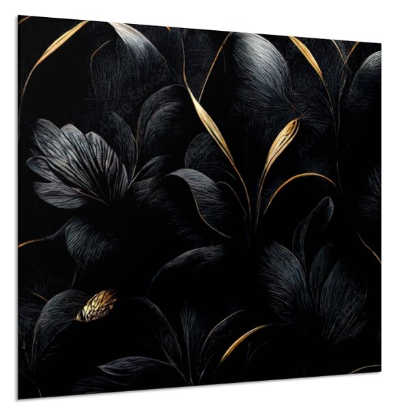 Sklo do kuchyně luxusní černé květy, zlaté detaily - 50 x 70 cm