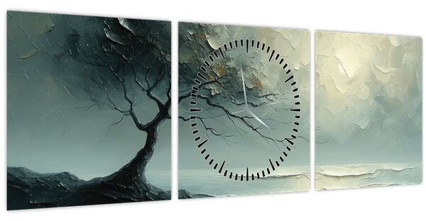 Obraz - Olejomalba stromu s oceánem (s hodinami) (90x30 cm)