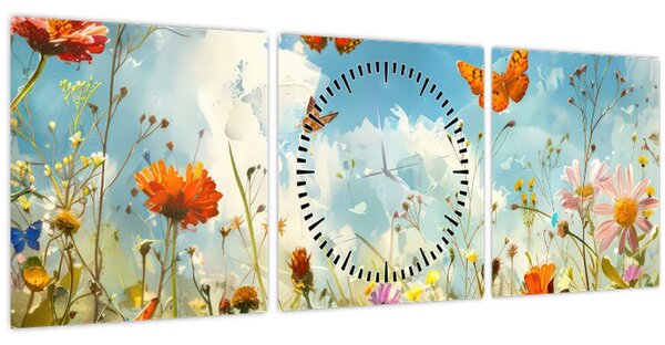 Obraz - Motýli na letní louce (s hodinami) (90x30 cm)