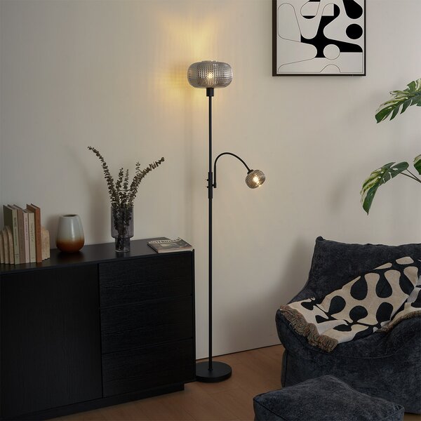 Designová stojací lampa černá s kouřovým sklem 2-světla - Brianna