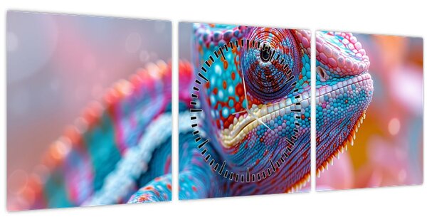 Obraz - Zbarvený chameleon (s hodinami) (90x30 cm)