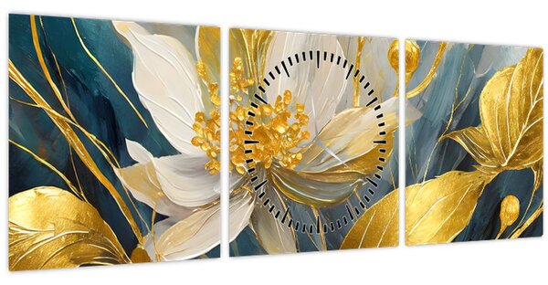 Obraz - Malba zlatých květin (s hodinami) (90x30 cm)