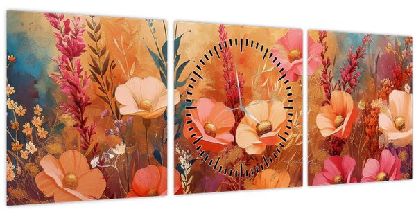 Obraz - Luční kvítí, malba (s hodinami) (90x30 cm)