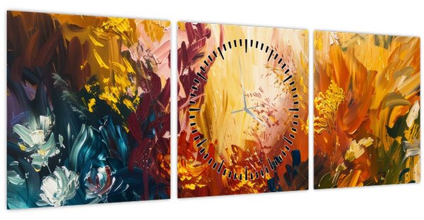 Obraz - Abstraktní malba květin (s hodinami) (90x30 cm)