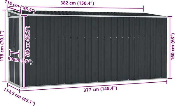 VidaXL Nástěnný zahradní domek 118 x 382 x 178 cm pozinkovaná ocel [316231] Barva: antracitová