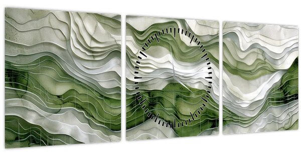 Obraz - Zelenobílé vlnky (s hodinami) (90x30 cm)