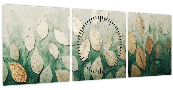 Obraz - Zlato-zelené listy (s hodinami) (90x30 cm)