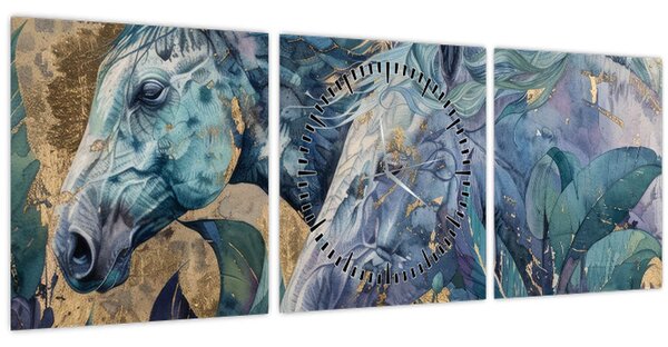 Obraz - Koně se zlatým pozadím (s hodinami) (90x30 cm)