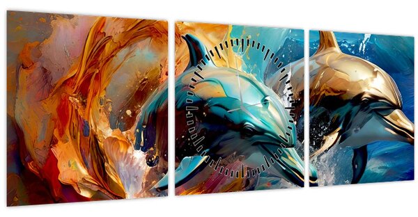 Obraz - Malba delfínů (s hodinami) (90x30 cm)