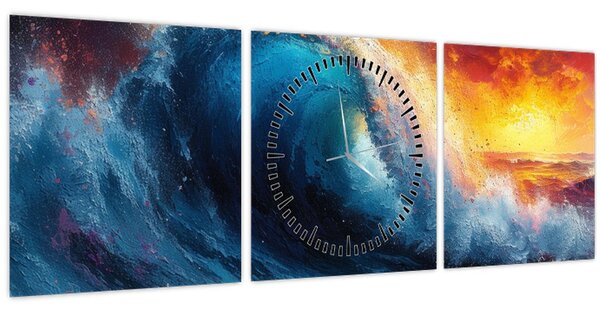 Obraz - Vlna v západu slunce (s hodinami) (90x30 cm)
