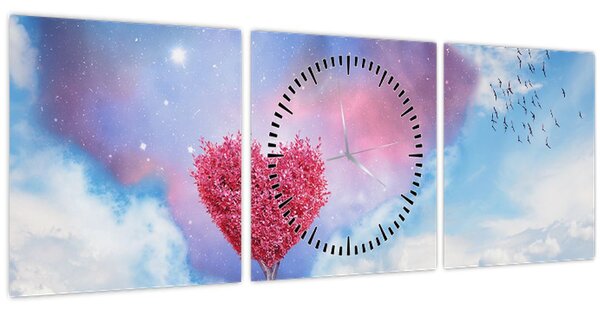 Obraz - Růžový strom srdce (s hodinami) (90x30 cm)