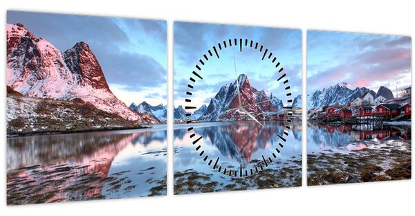 Obraz - Východ slunce nad Reine (s hodinami) (90x30 cm)