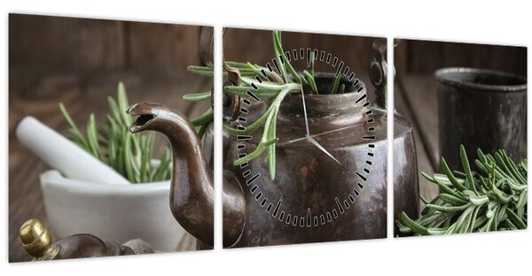 Obraz - Konvička s rozmarýnem (s hodinami) (90x30 cm)