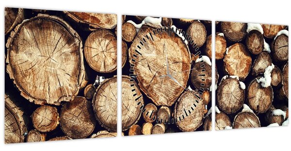 Obraz - Dřevo ve sněhu (s hodinami) (90x30 cm)