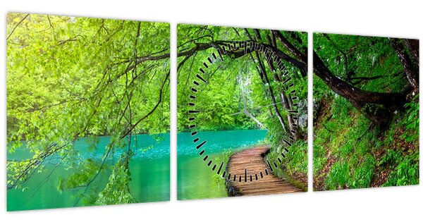 Obraz - Plitvická jezera (s hodinami) (90x30 cm)
