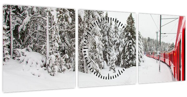 Obraz - Vlak v zasněžené krajině (s hodinami) (90x30 cm)