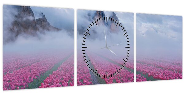 Obraz - Krajina s tulipánovými poli (s hodinami) (90x30 cm)