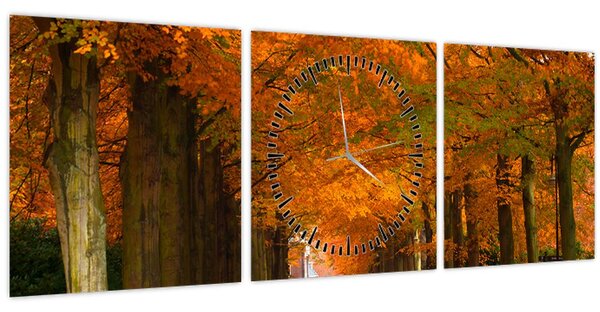 Obraz - Alej stromů na podzim (s hodinami) (90x30 cm)