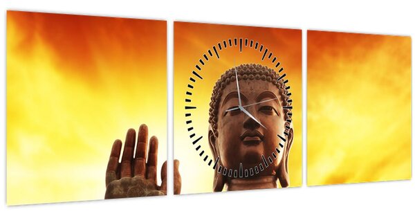 Obraz - Buddha s červenožlutým pozadím (s hodinami) (90x30 cm)