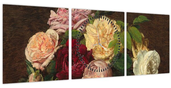 Obraz - Henri Fantin-Latour, Roses de Nice on a Table, reprodukce (s hodinami) (90x30 cm)