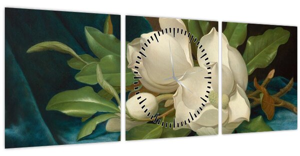 Obraz - Martin Johnson Heade, Giant Magnolias on a Blue Velvet Cloth, reprodukce (s hodinami) (90x30 cm)