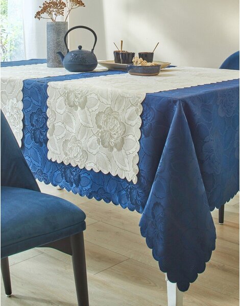 Žakárový ubrus s motivem květin temně modrá napron 50x150 cm