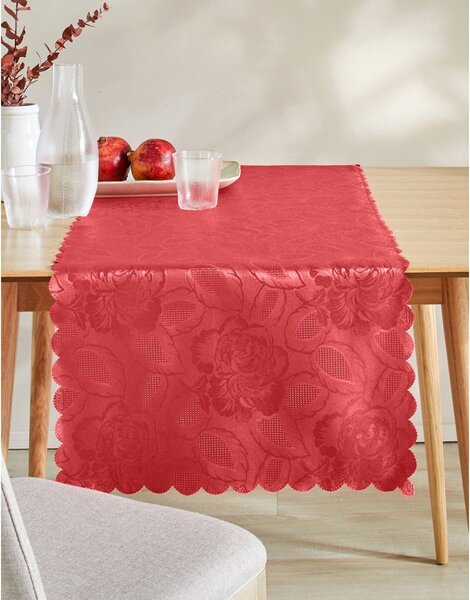 Žakárový ubrus s motivem květin tomatová napron 50x150 cm
