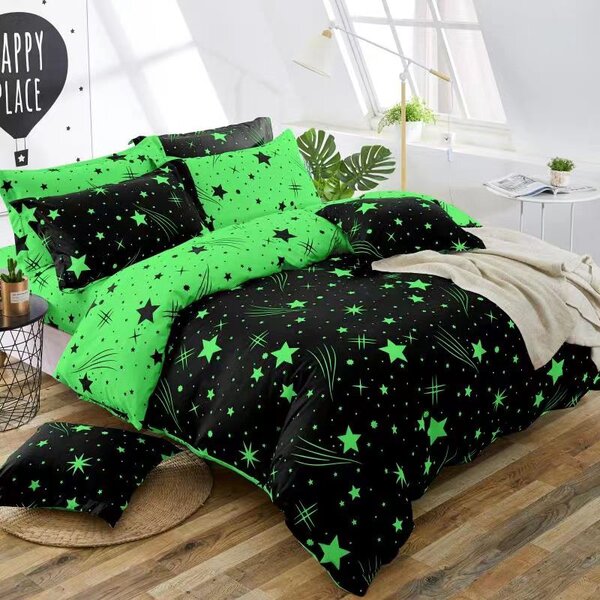 7dílné bavlněné povlečení na 2 postele 140×200/70×90 – hvězdy černo-zelené (moderní design) + prostěradlo zdarma | 100% bavlna, knoflíky