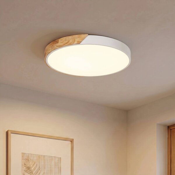 PRIOS LED stropní svítidlo Lynorri, Ø 52 cm, bílé, dekor dřeva, Bílá / opál, Obývací pokoj / jídelna, Plast, Moderní