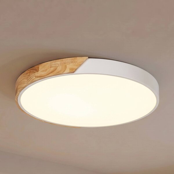 PRIOS LED stropní svítidlo Lynorri, Ø 52 cm, bílé, dekor dřeva, Bílá / opál, Obývací pokoj / jídelna, Plast, Moderní