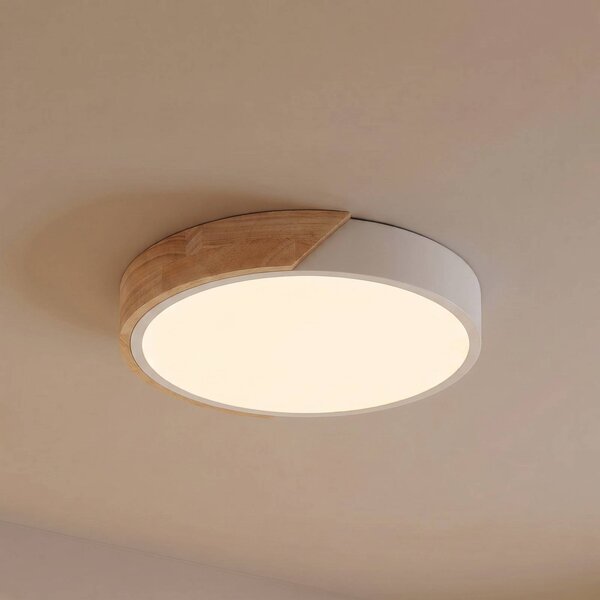 PRIOS LED stropní svítidlo Lynorri, Ø 32 cm, bílé, dekor dřeva, Bílá / opál, Obývací pokoj / jídelna, Plast, Moderní