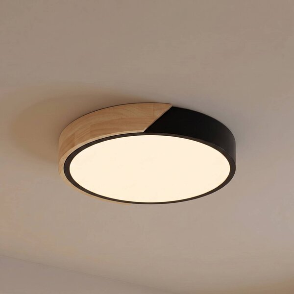 PRIOS LED stropní svítidlo Lynorri, Ø 32 cm, černé, dekor dřeva, Černá, Obývací pokoj / jídelna, Plast, Moderní