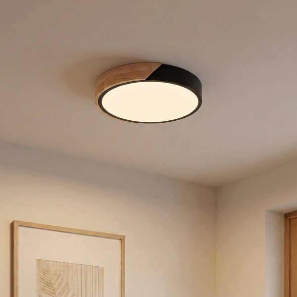 PRIOS LED stropní svítidlo Lynorri, Ø 32 cm, černé, dekor dřeva, Černá, Obývací pokoj / jídelna, Plast, Moderní