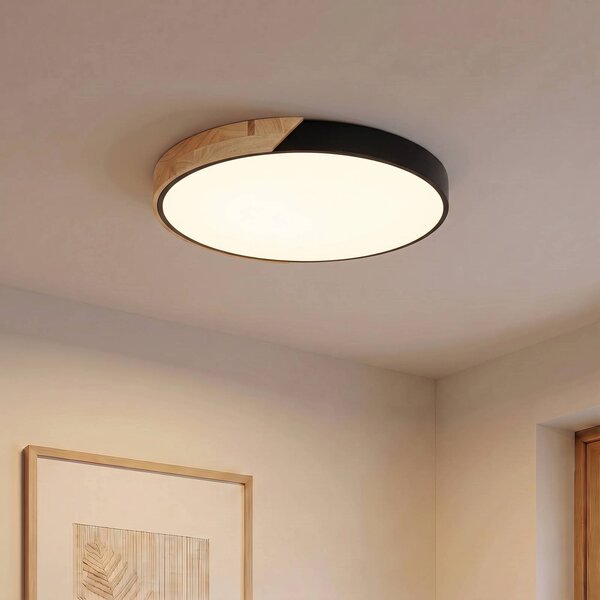 PRIOS LED stropní svítidlo Lynorri, Ø 52 cm, černé, dekor dřeva, Černá, Obývací pokoj / jídelna, Plast, Moderní