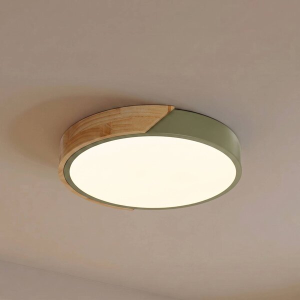 PRIOS LED stropní svítidlo Lynorri, Ø 32 cm, zelené, dekor dřeva, Zelená, Obývací pokoj / jídelna, Plast, Moderní