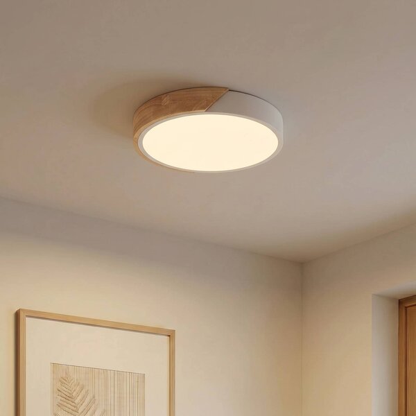 PRIOS LED stropní svítidlo Lynorri, Ø 32 cm, bílé, dekor dřeva, Bílá / opál, Obývací pokoj / jídelna, Plast, Moderní