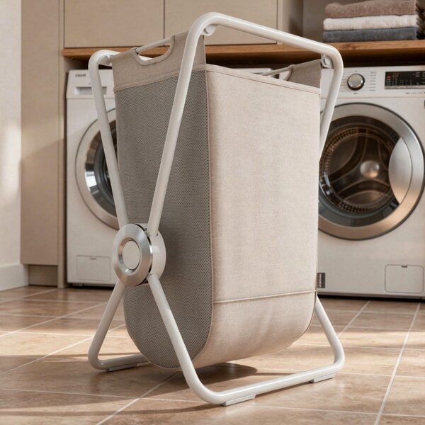 Simplehuman skládací látkový koš na prádlo X-FRAME, bílá ocel, béžový polyester