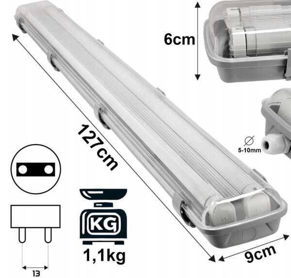Hermetické svítidlo 120cm lampa + 2x LED trubice voděodolné 6000k studená teplota