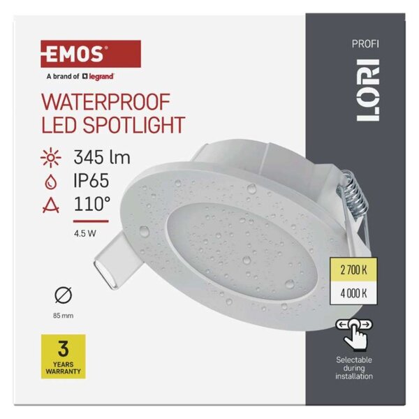 EMOS LED bodové svítidlo LORI 4,5W 345LM IP65 CCT bílá 1540116900