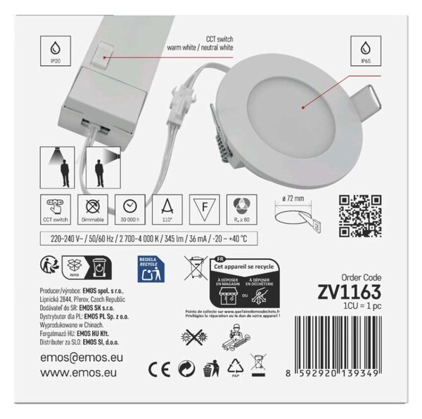 EMOS LED bodové svítidlo LORI 4,5W 345LM IP65 CCT bílá 1540116900