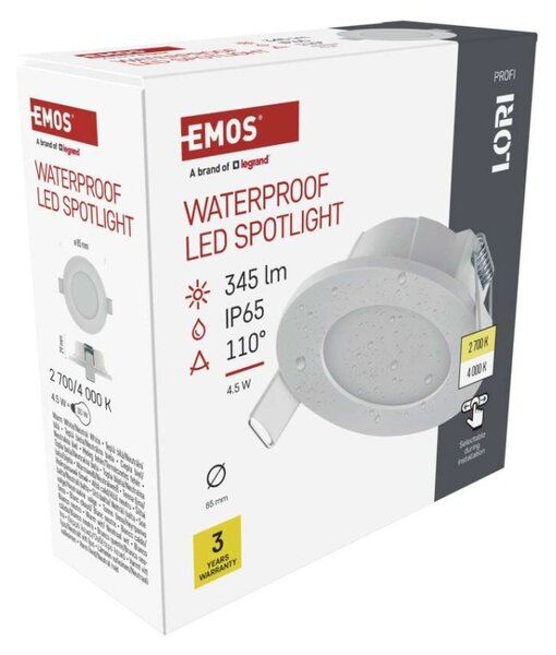 EMOS LED bodové svítidlo LORI 4,5W 345LM IP65 CCT bílá 1540116900