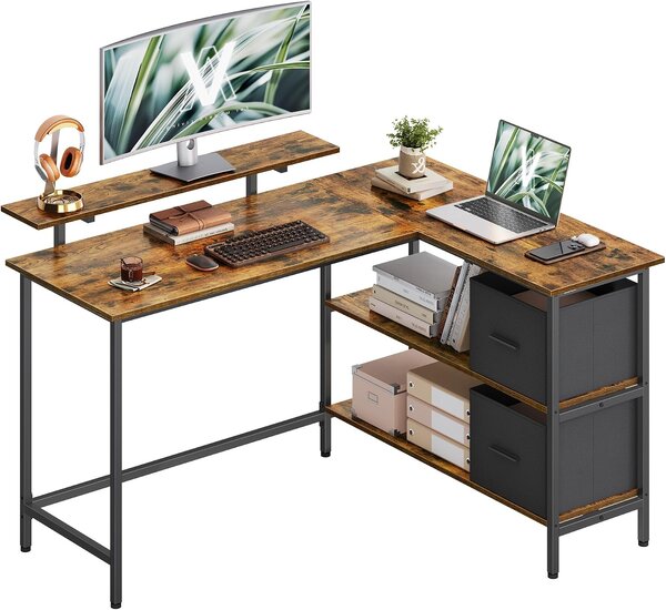 VASAGLE Rohový psací stůl s policí a úložnými boxy 135 x 90 x 105 cm hnědý