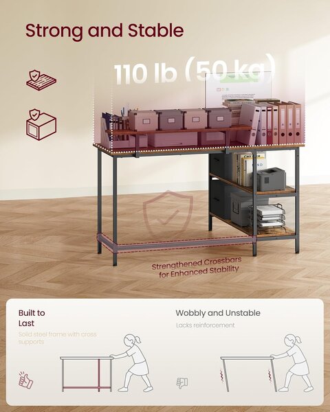 VASAGLE Rohový psací stůl s policí a úložnými boxy 135 x 90 x 105 cm hnědý
