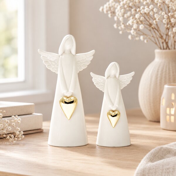 Porcelánový anděl se zlatým srdcem – malý, 15 cm